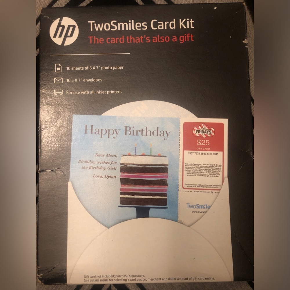 HP TwoSmiles Card Kit | Greeting Card & Gift Card In 1 | 10 Photo Sheets | NIB